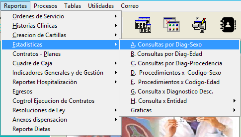 Submenú Reportes > Estadísticas con reportes por diagnóstico, sexo, edad y entidad