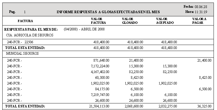 Vista previa del Reporte Detallado de Glosas Mensuales Consolidadas