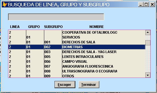 Ventana de ayuda F2 para Búsqueda de Línea, Grupo y Subgrupo