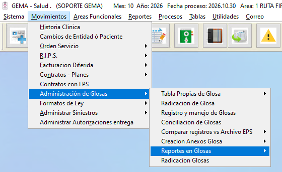 Ruta de menú Movimientos - Administración de Glosas - Radicación Glosas