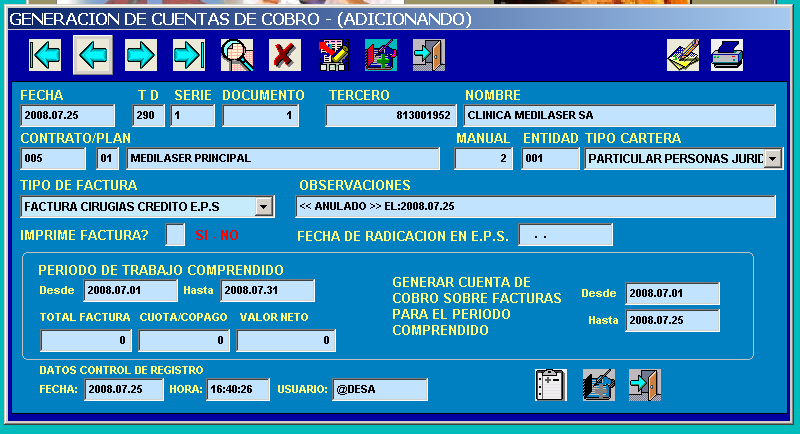 Pantalla principal de Radicación de Cuentas de Cobro