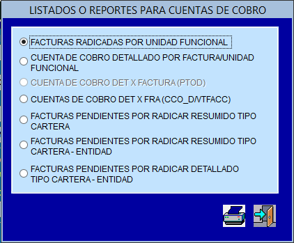 Menú de opciones al presionar el botón Imprimir en Radicación