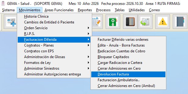 Ruta de menú Movimientos - Facturación Diferida - Devolución Factura