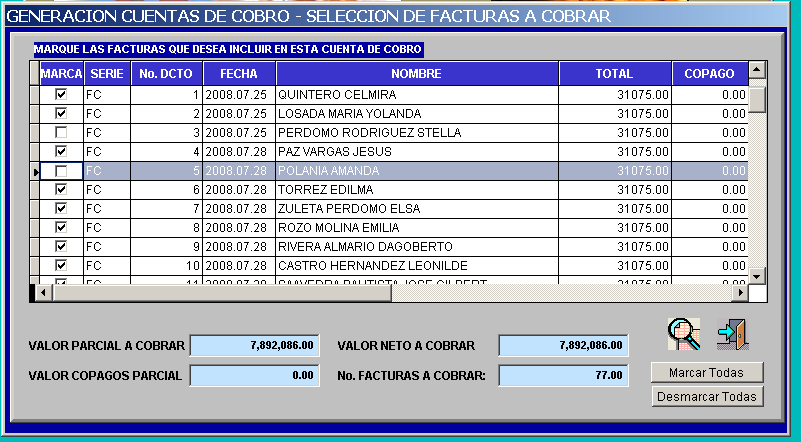 Listado de selección y marcación de facturas para incluir en la radicación