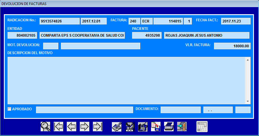 Información completa de la factura y del paciente cargada en pantalla