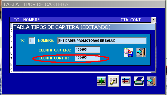 Configuración del campo CUENTA CONT TR en Cartera - Tablas - Tipos de Cartera