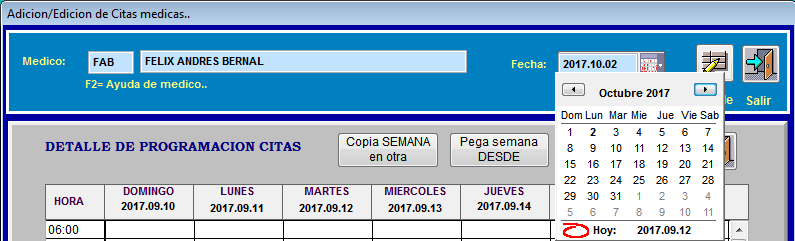 Selección de fecha en el calendario semanal