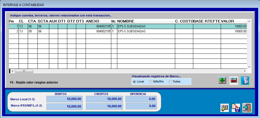Validación de cuentas contables y clic en Generar interfaz a Contabilidad