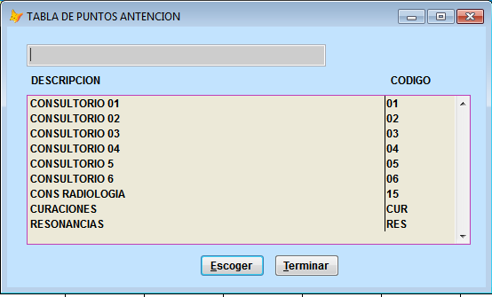 Listado de puntos de atención o consultorios disponibles con F2