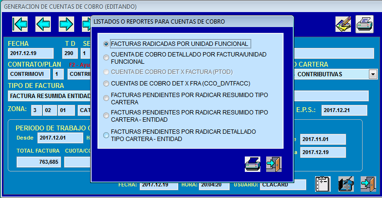 Selección del primer reporte de facturas pendientes por radicar resumido por cartera