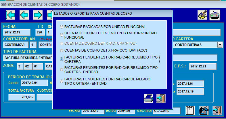 Confirmación de la opción resumida por tipo de cartera y clic en Impresora