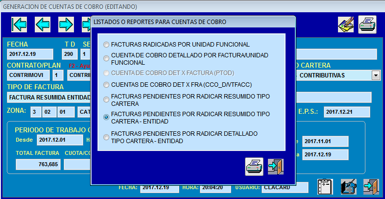 Selección del reporte resumido y agrupado por Tipo de Cartera - Entidad