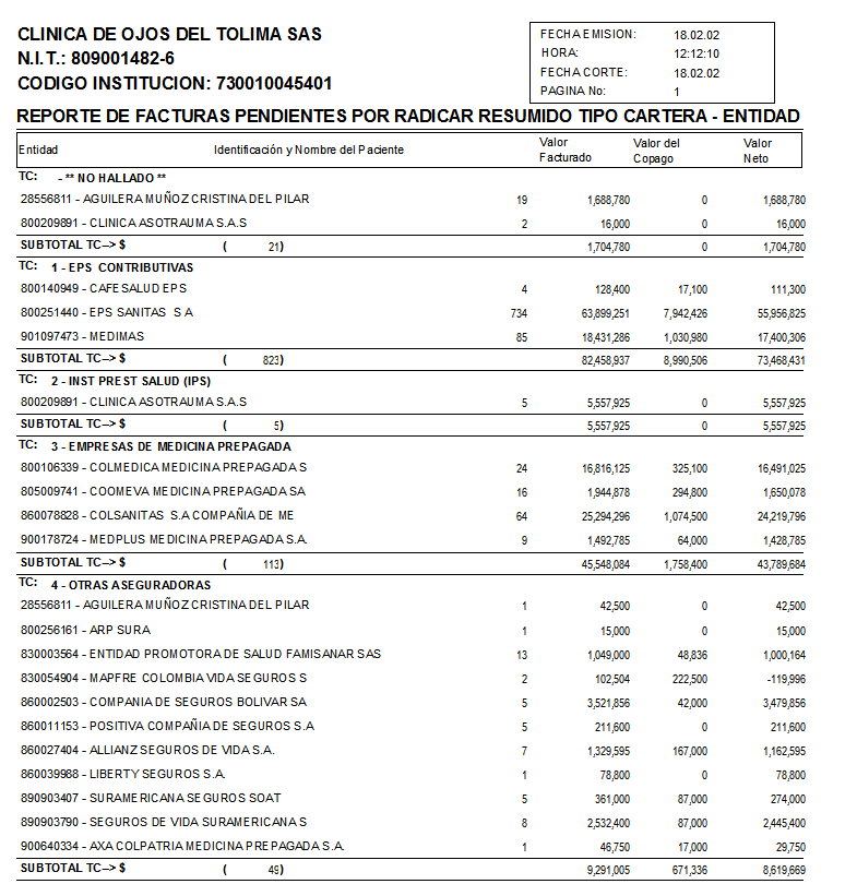 Vista del reporte agrupado por tipo de cartera y discriminado por entidad