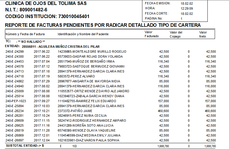 Resultado del reporte detallado de facturas pendientes por radicar
