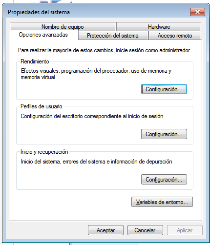 Botón Variables de entorno en Propiedades del sistema