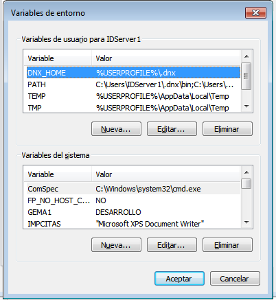 Ventana Variables de entorno con secciones de usuario y del sistema
