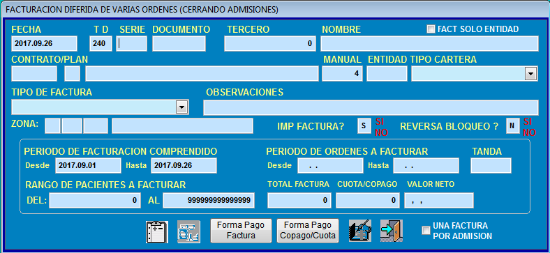 Pantalla Facturación Diferida de Varias Órdenes - Cerrando Admisiones