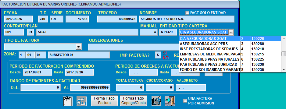 Selección del Tipo de Cartera como requisito del formulario