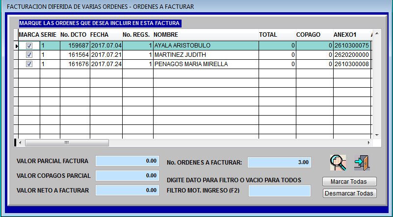 Listado de admisiones en Ver Órdenes para marcar o desmarcar registros