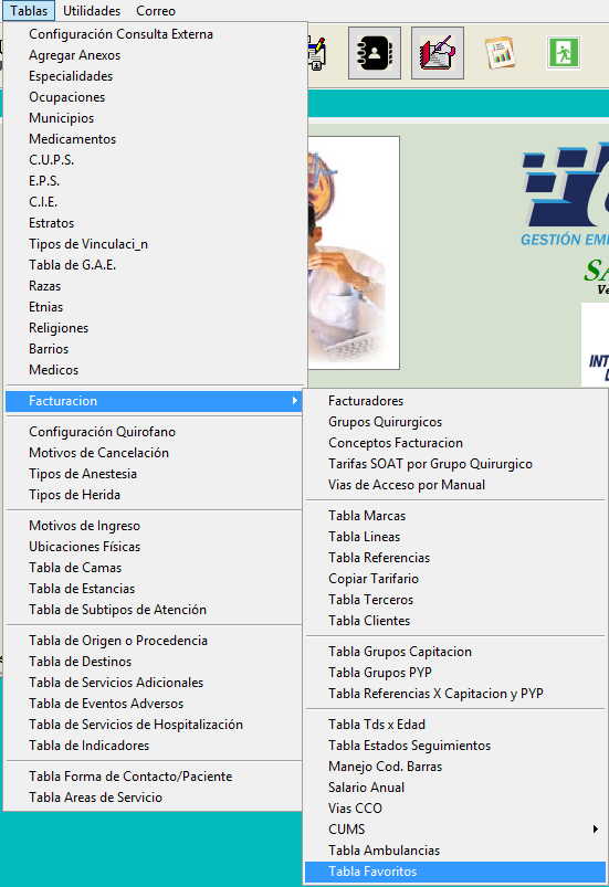 Ruta de menú Tablas > Facturación > Tabla Favoritos
