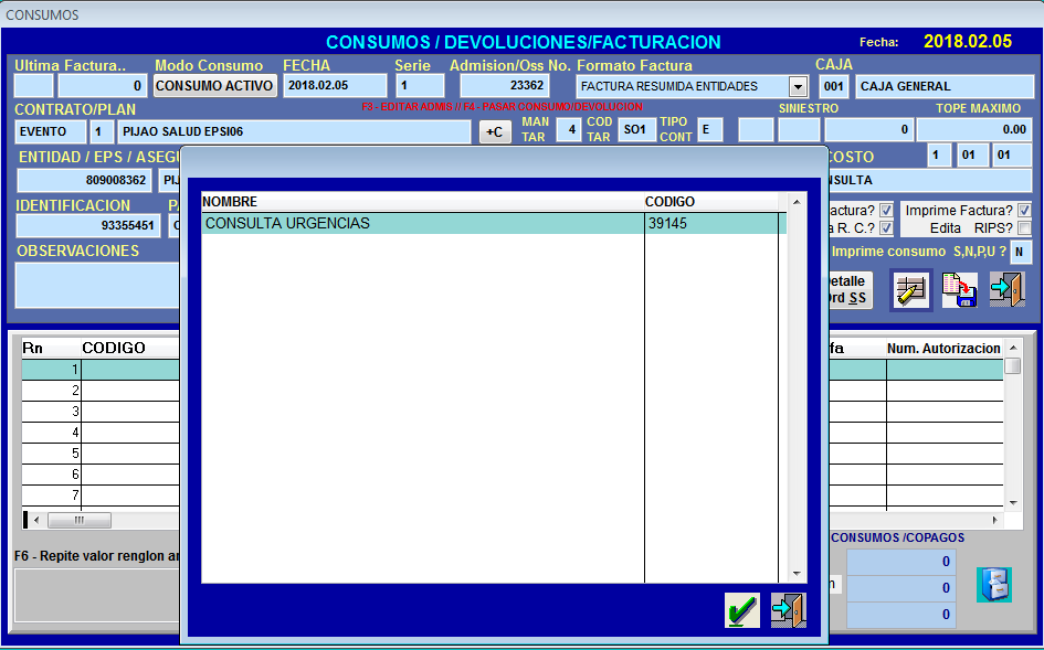 Favorito cargado automáticamente con el código del tarifario SOAT de la admisión