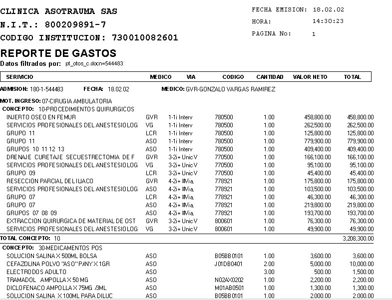Vista del Informe de Gastos Detallado por Admisión y Concepto de Facturación
