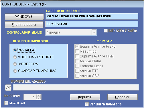 Ventana Control de Impresión del reporte de Censo Histórico
