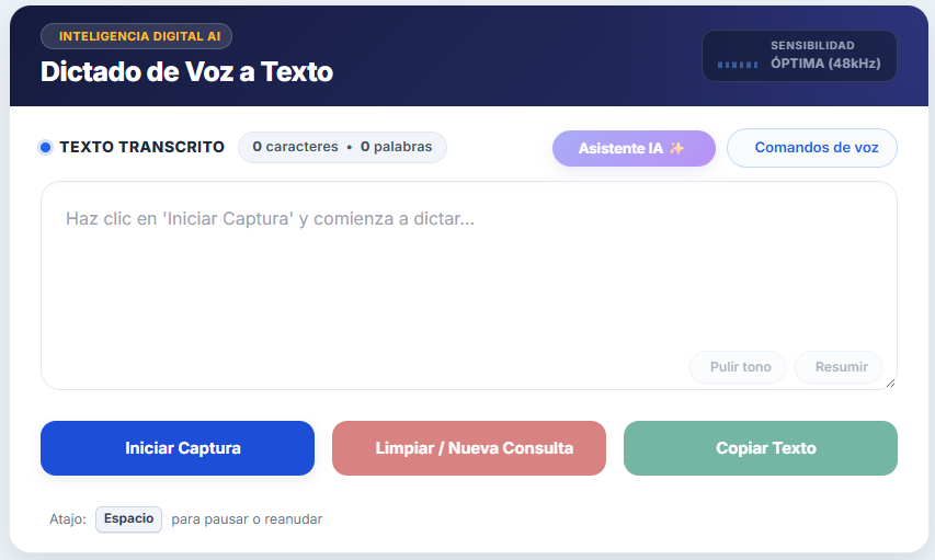Vista principal del Módulo de Voz a Texto